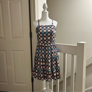 Blue Geometric Print Square Neck Dress